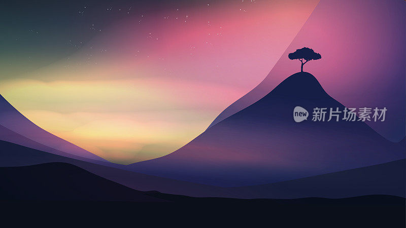 日落在山与孤独的树-矢量插图