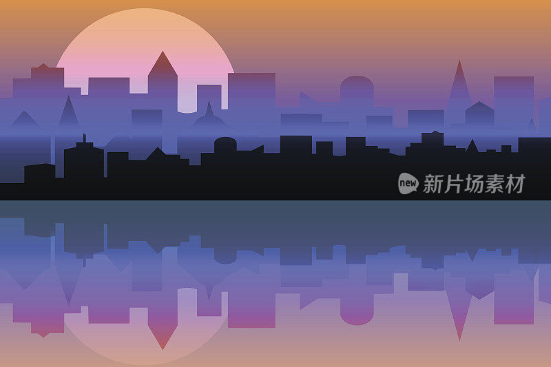 黎明时分的城市景观。横旗与大都市pano