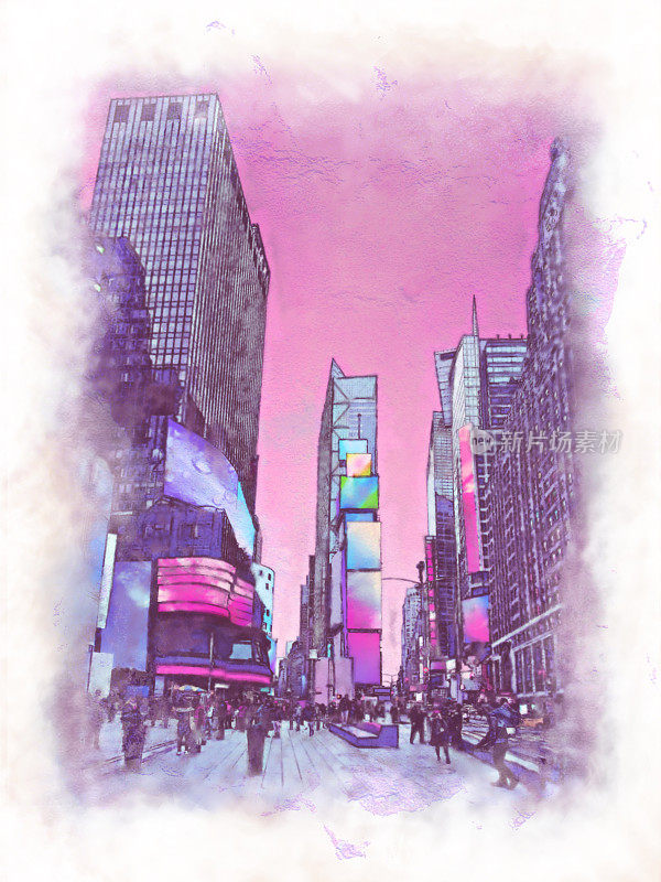 纽约市。市区著名景点的彩色图画。