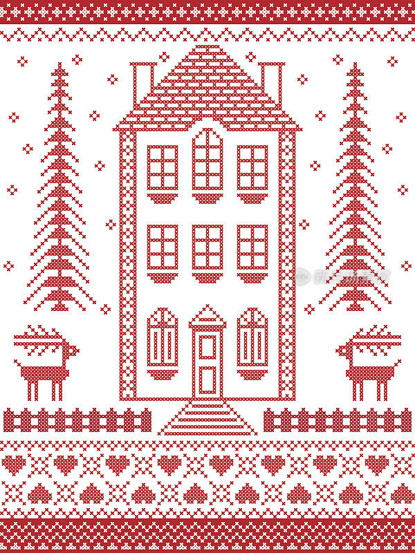 北欧风格，受北欧圣诞图案启发，在红色和白色十字绣包括姜饼屋，雪花，心，栅栏，装饰无缝华丽的图案