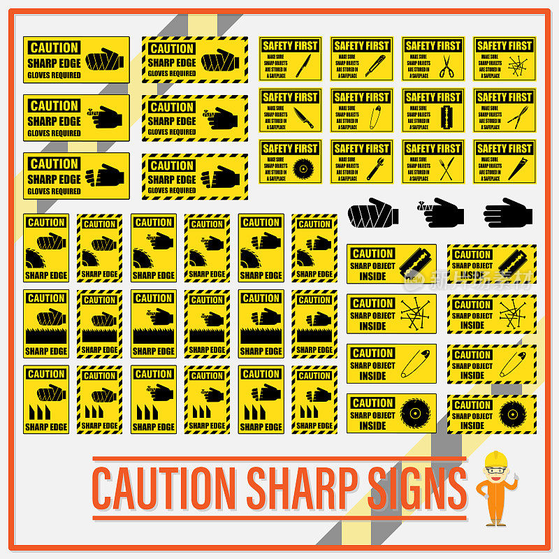 一套安全警示尖锐标志，安全警示尖锐标签，以确定任何物体有尖锐的边缘或角落。