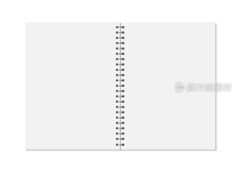 笔记本模拟孤立的白色背景。干净的页面，带有金属螺旋模板的抄写本。