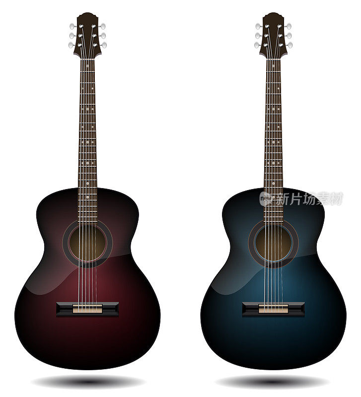 吉他设置孤立的白色背景。经典吉他为您的业务项目。黑色、红色和蓝色的木吉他。矢量图