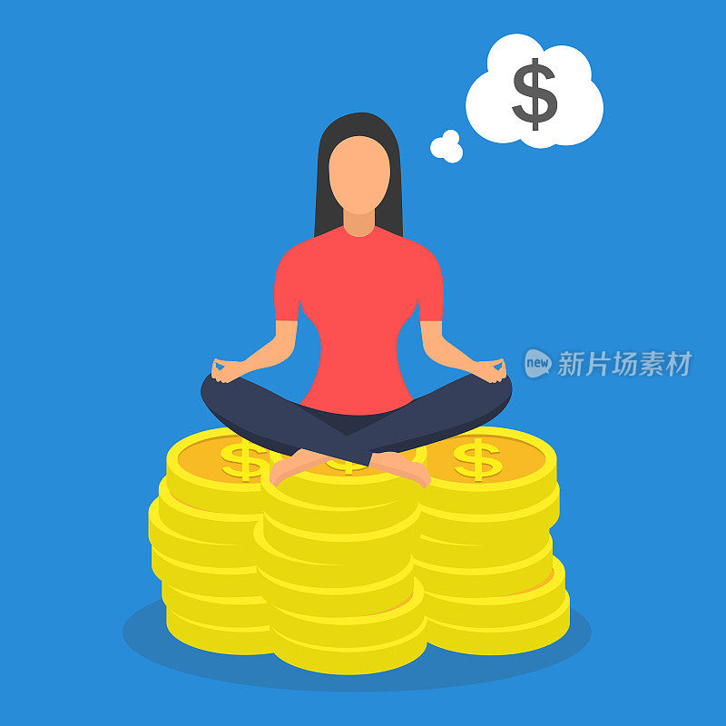 坐在硬币上的女子瑜伽莲花姿势。