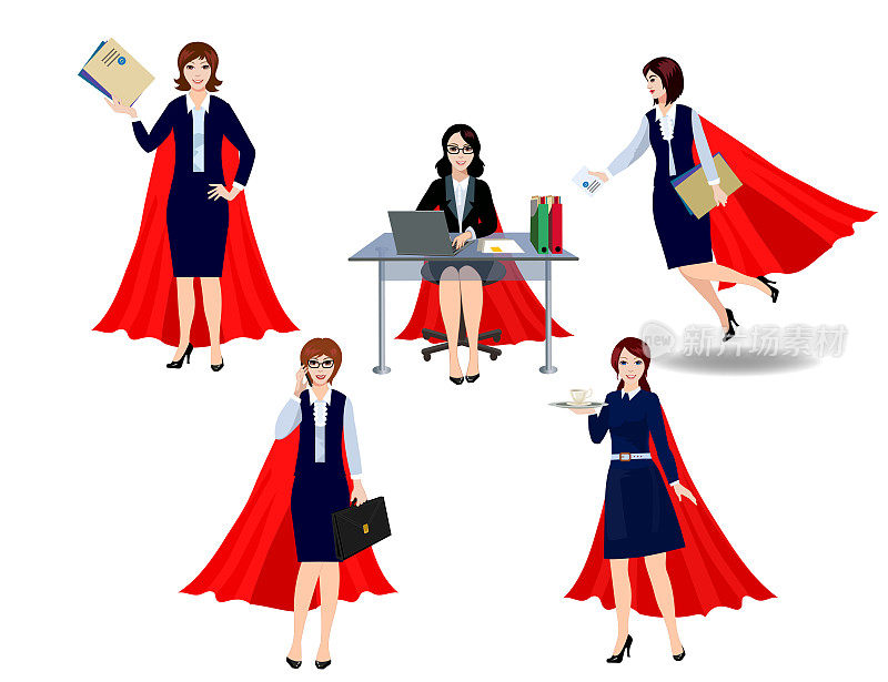 卡通女性超级英雄设定。披着超级英雄斗篷的办公室职员。矢量插图。
