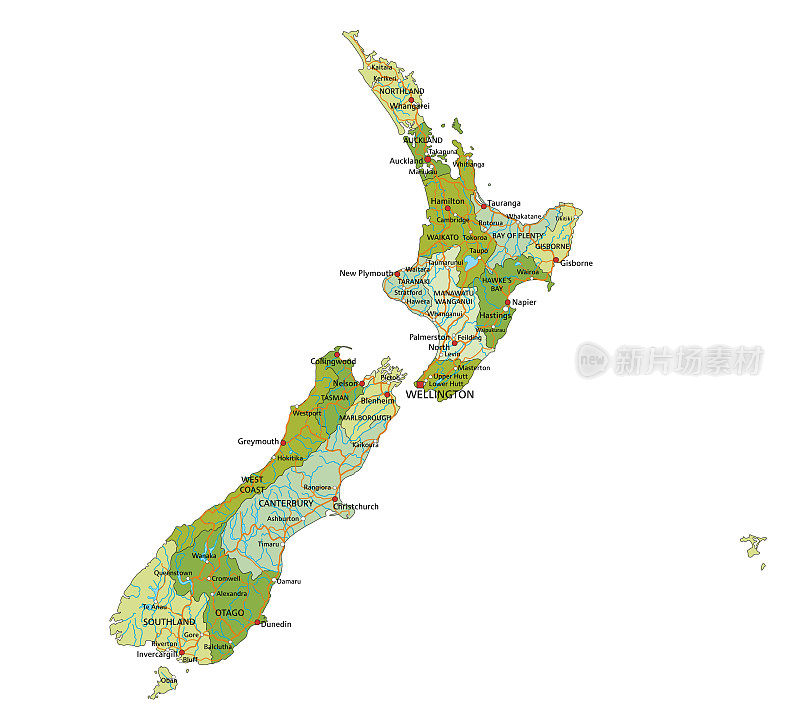 高度详细的可编辑的政治新西兰地图与分离层。