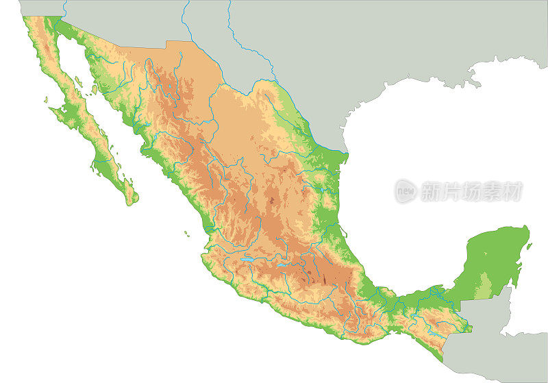 高详细的墨西哥物理地图。