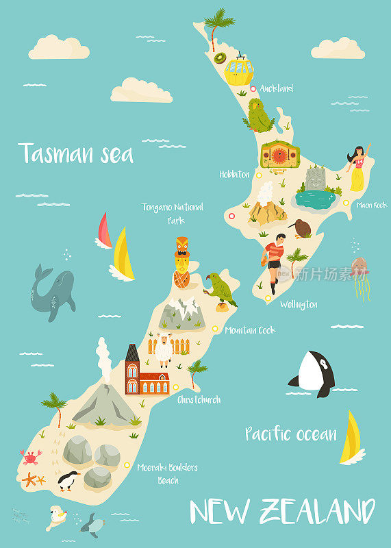 新西兰绘有著名地标、动物、符号的地图。用于印刷，旅游海报，旅游指南，节日