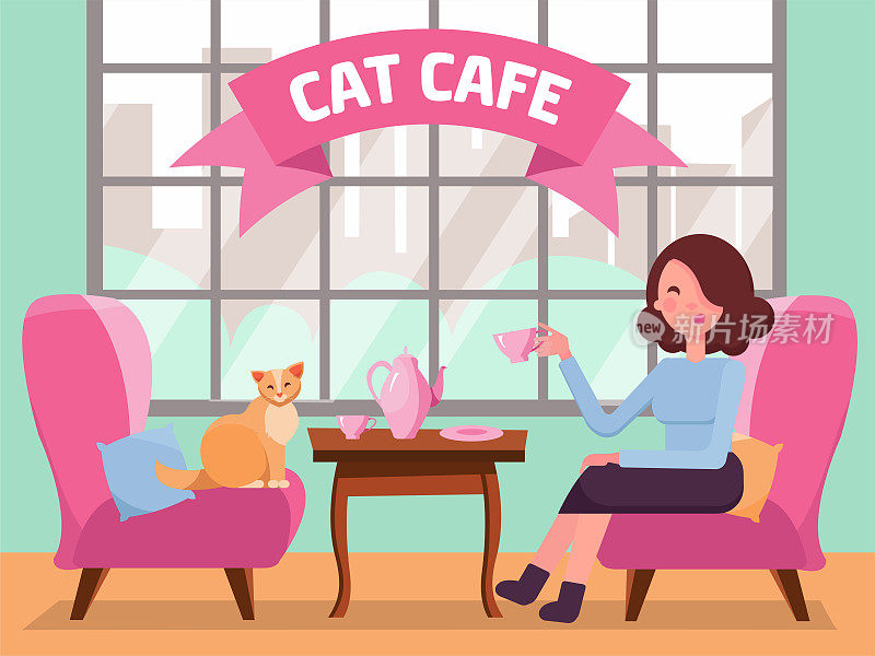 猫咪咖啡馆的内部有大窗户，女人和凯蒂坐在舒适的扶手椅上，咖啡放在桌子上。女孩和猫的茶话会。花时间陪宠物。平面卡通矢量插图在薄荷粉颜色