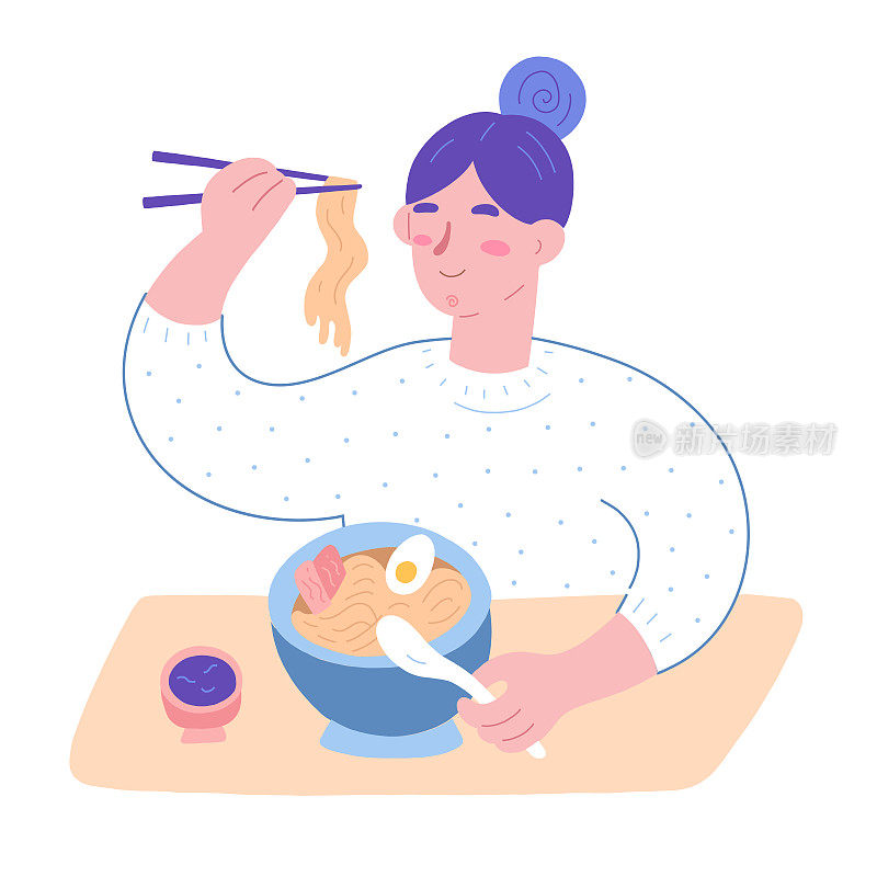 女人吃拉面汤，日本食物，可爱的女孩吃和享受她的在拉面店的咖啡馆，拿着筷子，坐在桌子旁。可爱的卡通人物