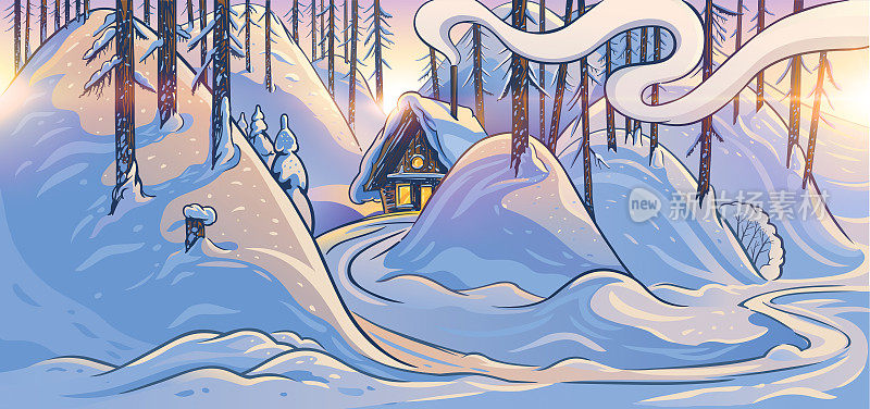 冬季森林景观与小屋。