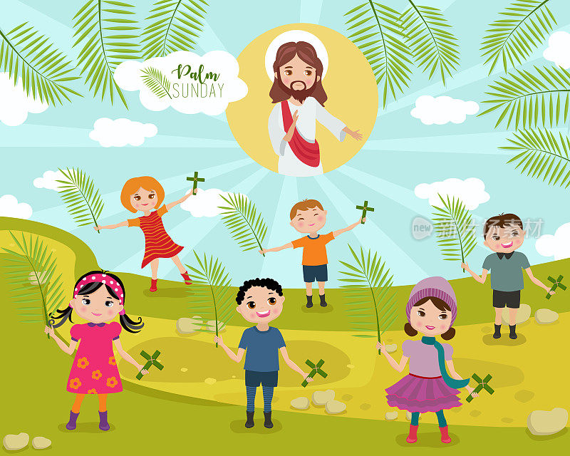 在棕枝主日，孩子们拿着棕榈叶和十字架赞美耶稣