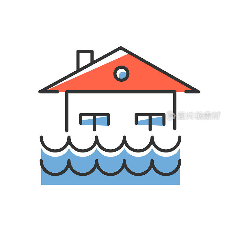 洪水蓝色图标。溢出的水。沉没的房子。水下建筑。洪水地区。海平面上升。自然灾害。孤立的矢量图