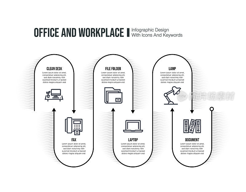 信息图表设计模板与办公室和工作场所的关键字和图标