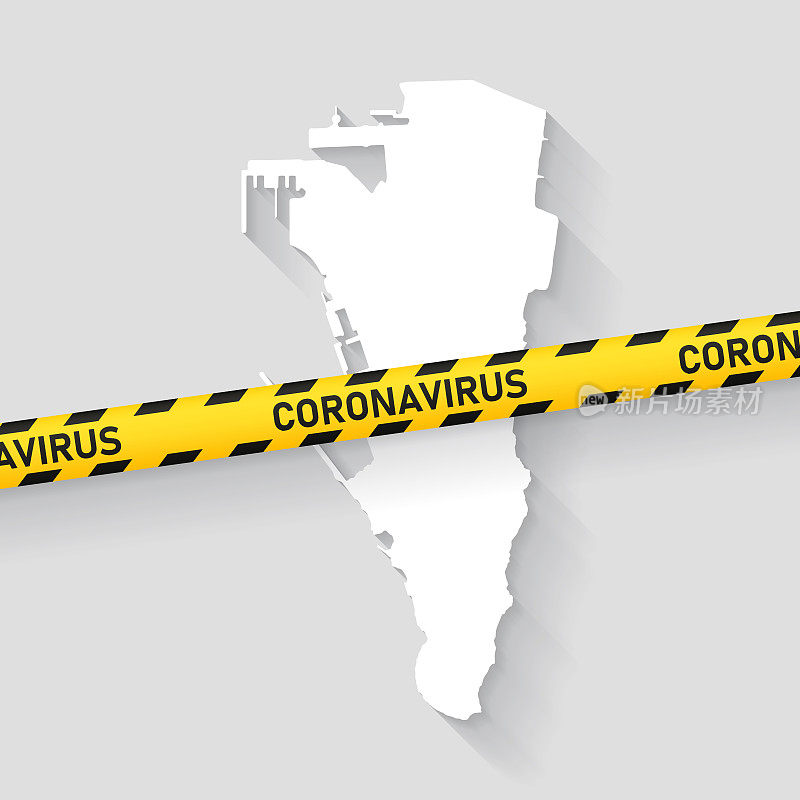 直布罗陀地图与冠状病毒警告胶带。Covid-19爆发