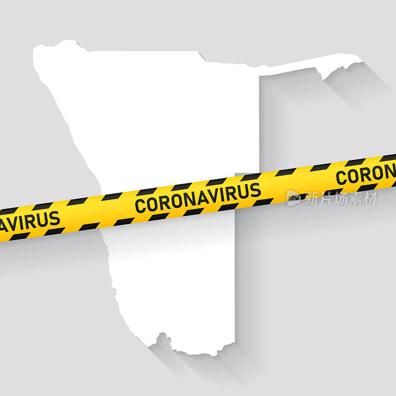 纳米比亚地图与冠状病毒警告胶带。Covid-19爆发