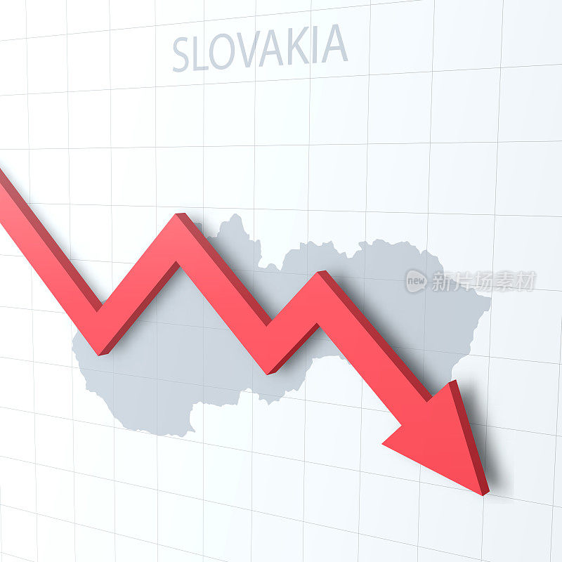 坠落红色箭头与斯洛伐克地图的背景