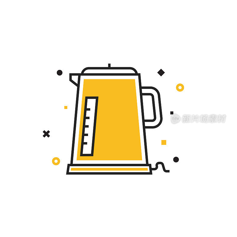 电水壶平面线图标，轮廓向量符号插图。