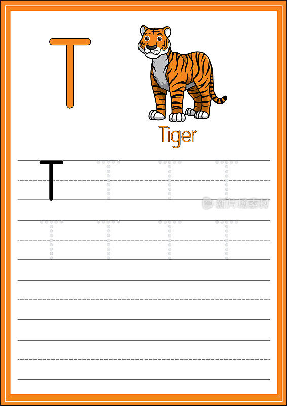 矢量插图虎孤立在一个白色的背景。带大写字母T，用作教学和学习的媒介，让孩子认识英语字母或让孩子学习写字母用于在家里和学校学习。