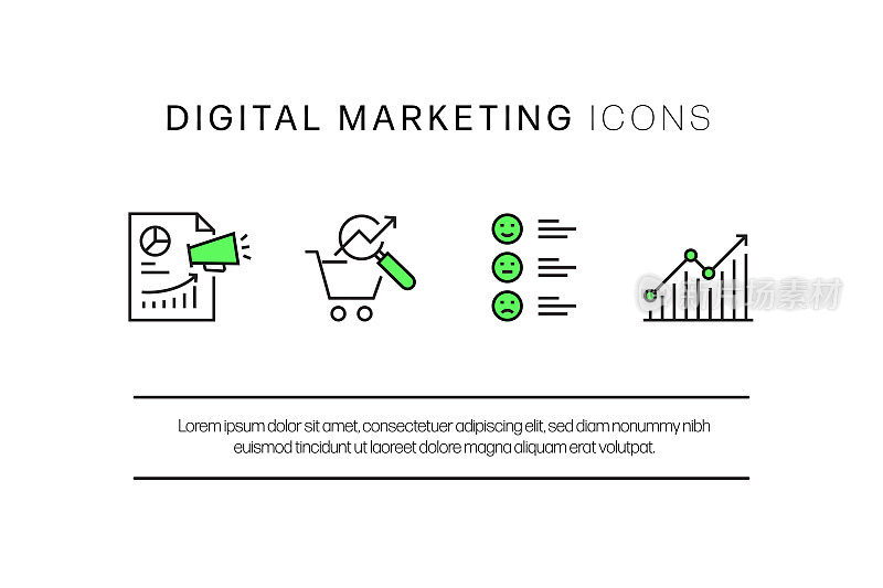 数字营销相关线图标。向量符号说明。