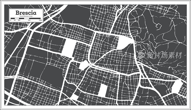 布雷西亚意大利城市地图在黑白颜色在复古风格。略图。