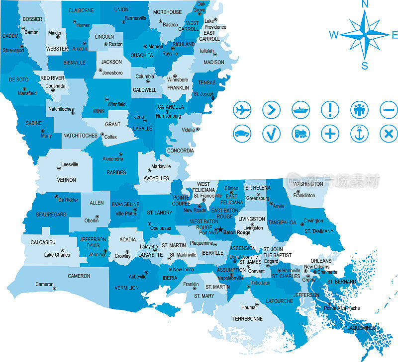 路易斯安那州地图与图标和键