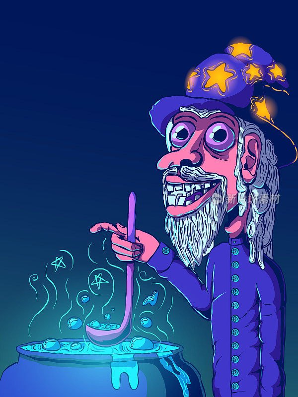手绘卡通有趣的插图-巫师酿造药水。