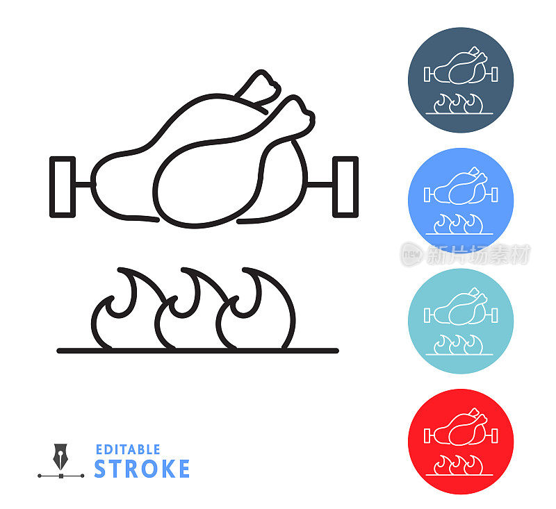 厨房烤鸡和烹饪细线图标-可编辑的笔画