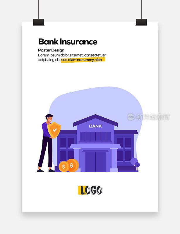 银行保险概念平面设计海报，封面和横幅。现代平面设计矢量插图。