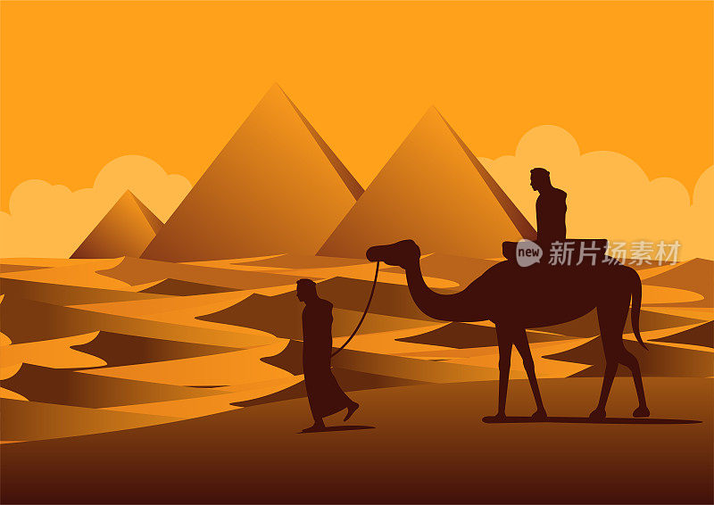 男人和骆驼的剪影设计穿越沙漠