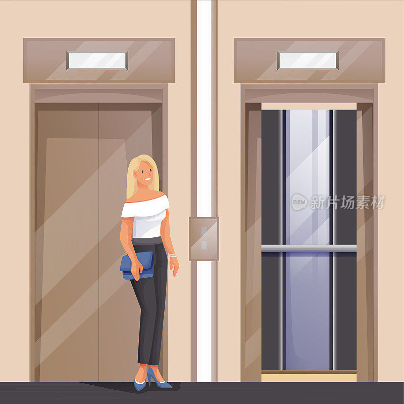 女人等电梯的场景。年轻快乐的女孩站在附近的电梯在房子，办公室或酒店建筑矢量插图。为员工或客人提供豪华的室内设计