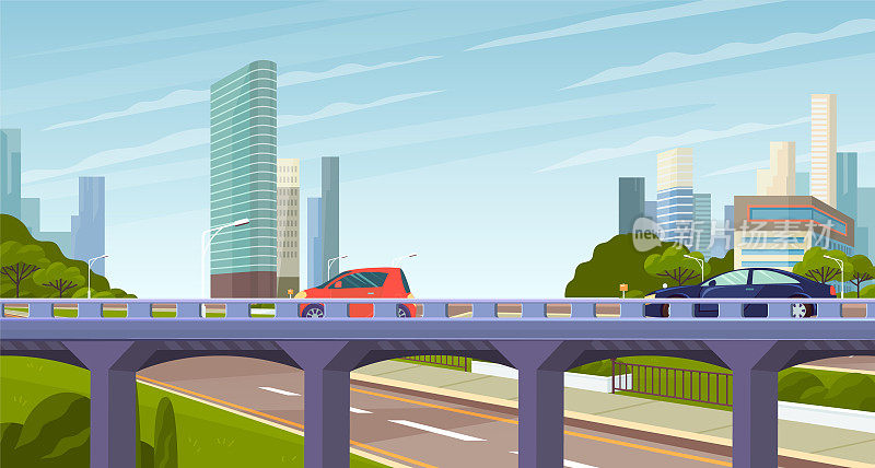 高架路与立交桥的交界处。城市景观与高速公路和交通