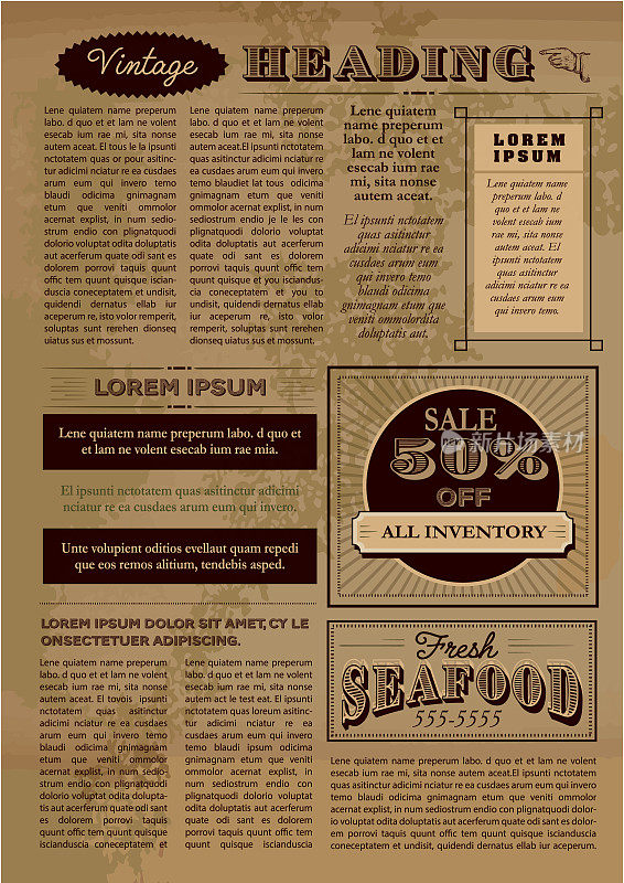 老式或老式的旧报纸布局包括页与标题设计模板