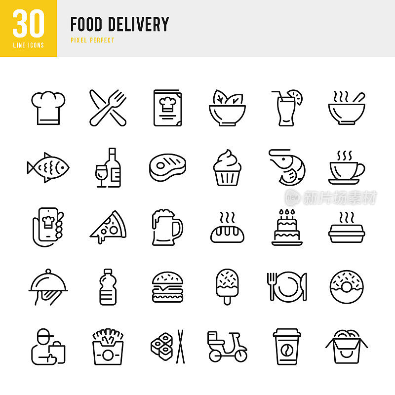 食物递送-细线矢量图标设置。像素完美。一套包含图标:送餐，比萨，汉堡，面包，海鲜，素食，亚洲菜，牛排，甜点。