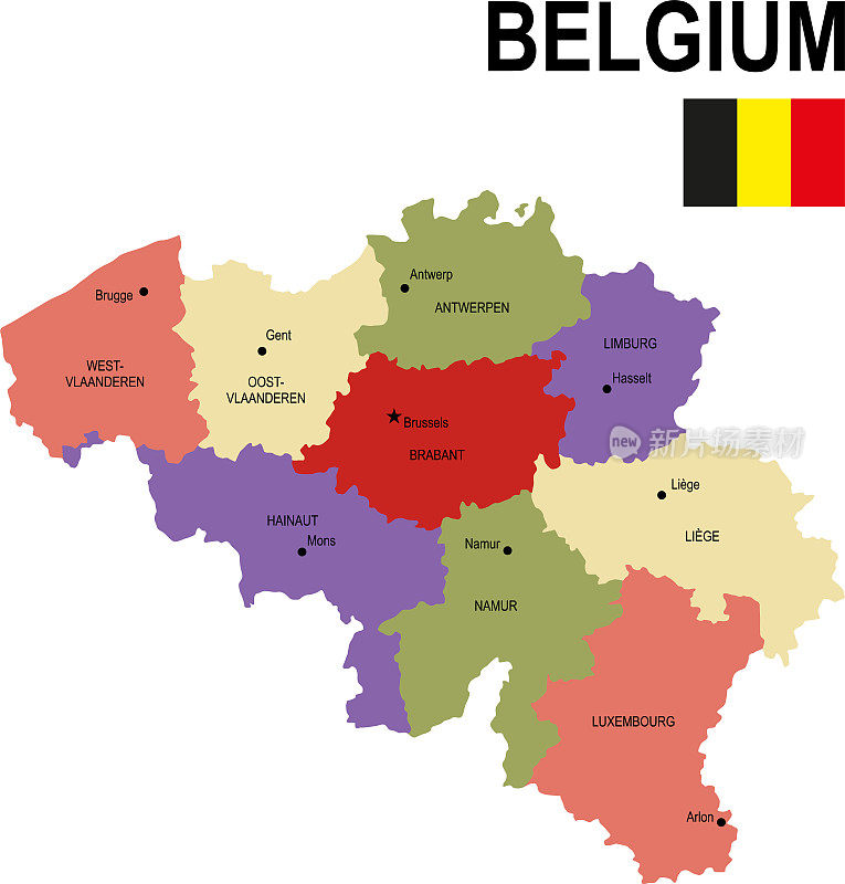 比利时彩色平面地图与旗帜