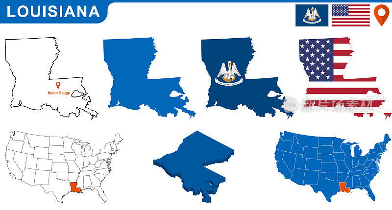 美国路易斯安那州的地图和旗帜
