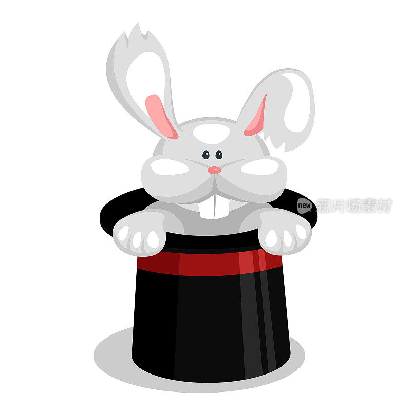 卡通兔子在魔术师帽子矢量插图。魔术表演白兔从帽子。