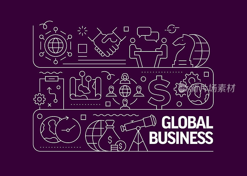 全球业务相关矢量横幅设计概念,现代线条风格与图标