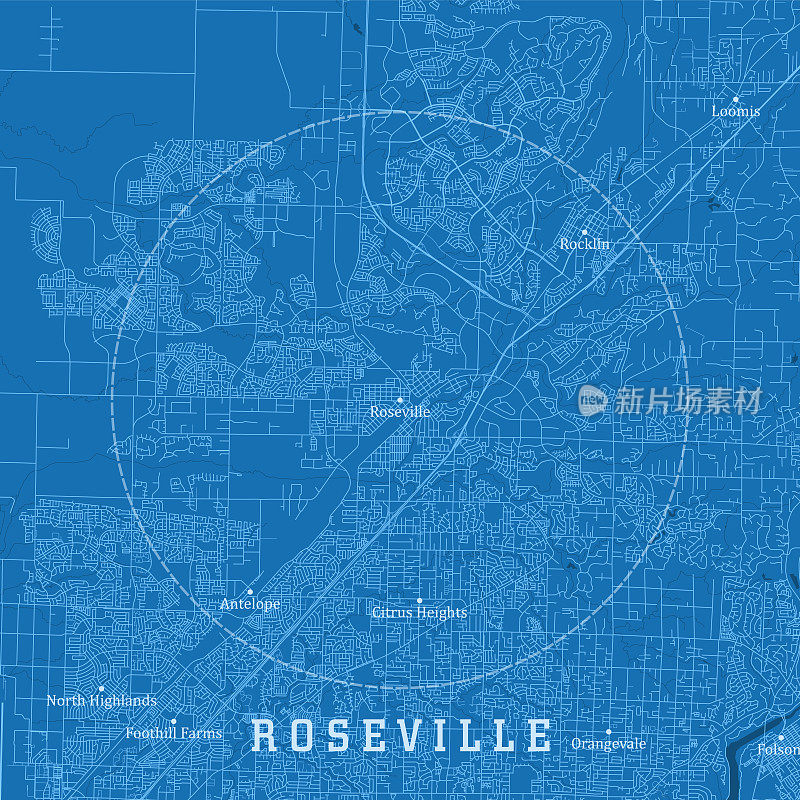 罗斯维尔CA城市矢量道路地图蓝色文本