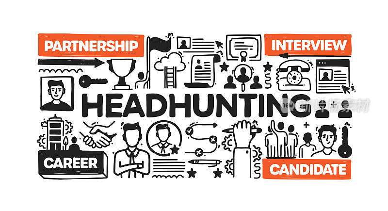 Headhunting对象和元素。矢量涂鸦插图收集。手绘图标集或横幅模板