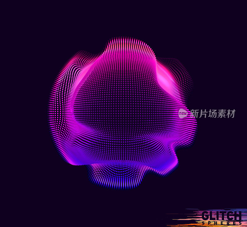 损坏的紫色点球。抽象矢量彩色网格在黑暗的背景。未来主义风格的名片。