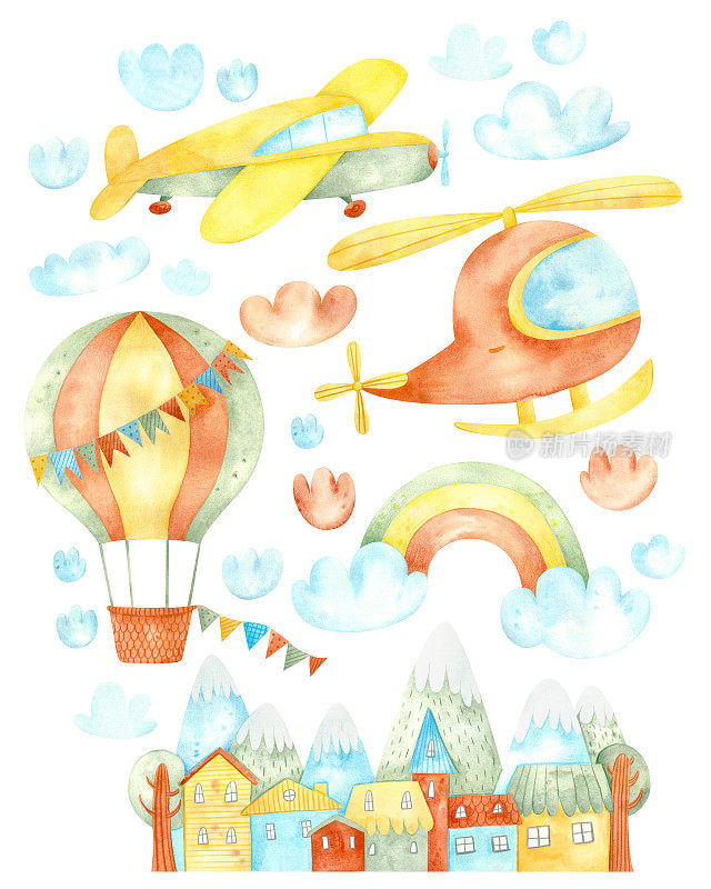 水彩手绘儿童收集剪贴画运输与可爱的飞机，直升机，热气球，彩虹云，山区小镇