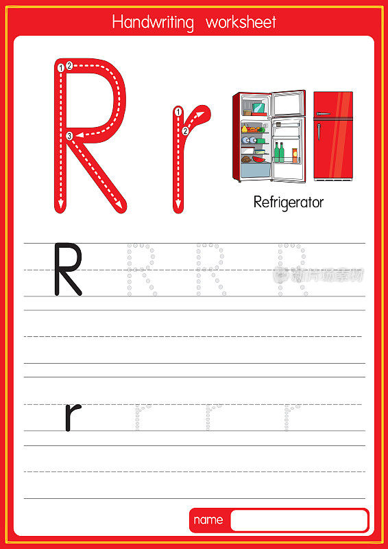 冰箱矢量图，字母R大写字母或大写字母，供儿童学习练习ABC