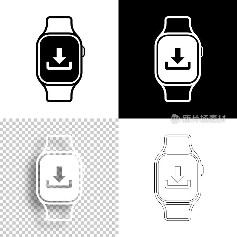 smartwatch下载。图标设计。空白，白色和黑色背景-线图标