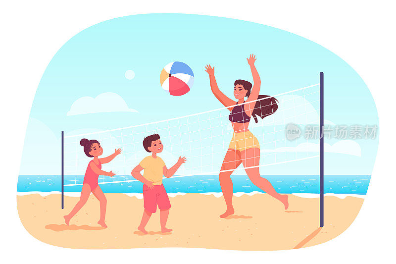妈妈和孩子们在沙滩上打排球