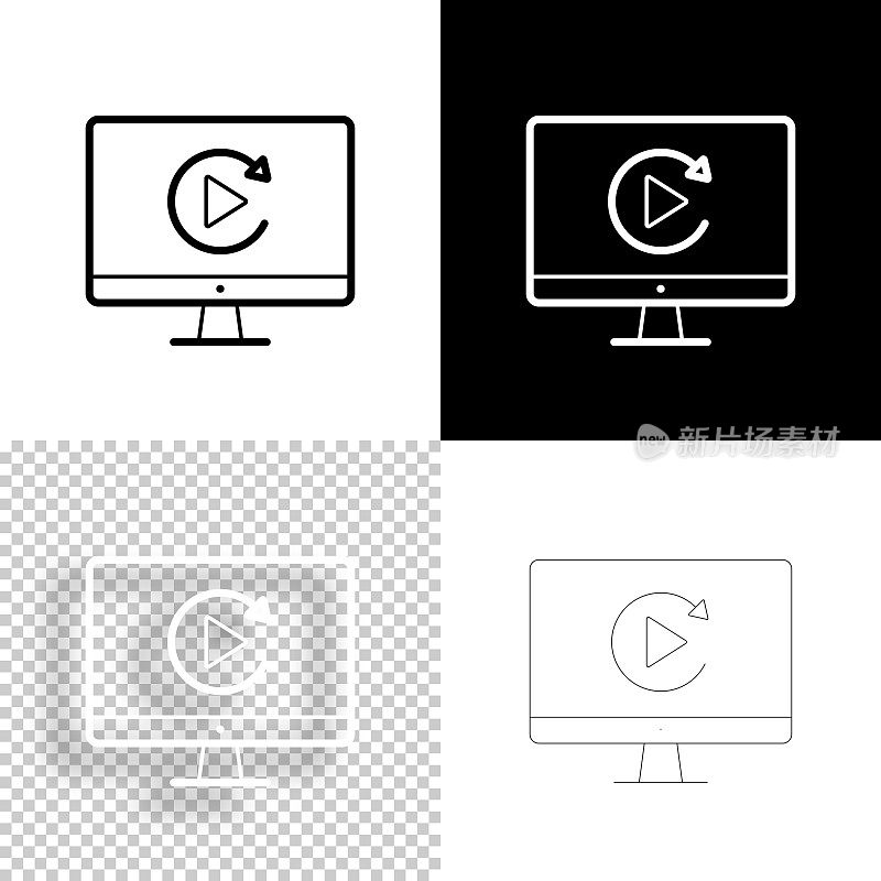 在台式电脑上重播。图标设计。空白，白色和黑色背景-线图标