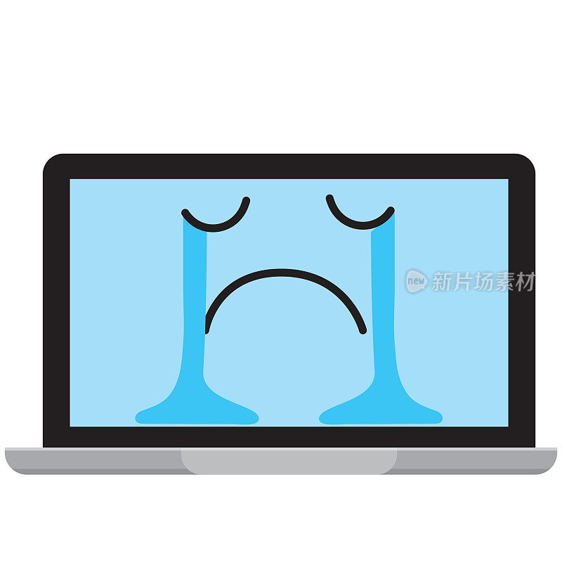 笔记本电脑屏幕上可爱的社交媒体表情符号在白色背景下哭泣