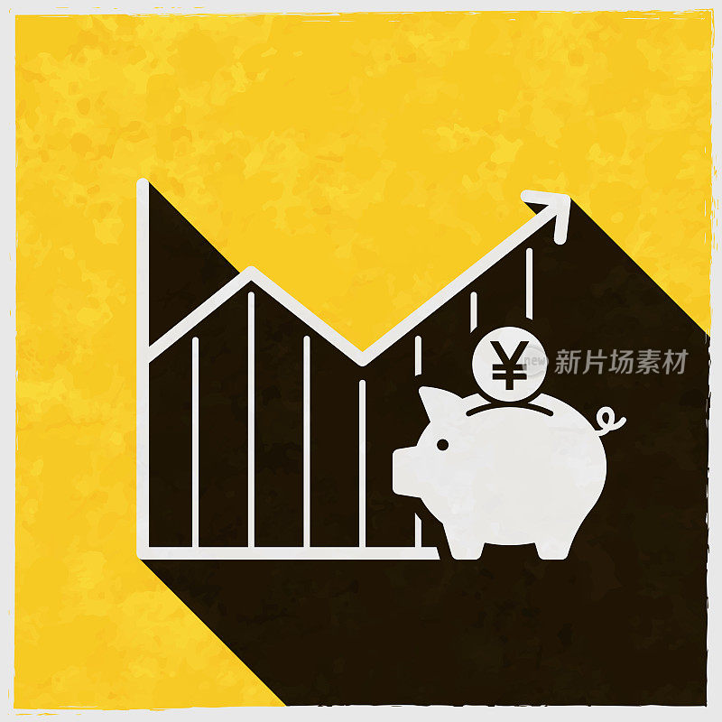 日元储蓄增加图表。图标与长阴影的纹理黄色背景