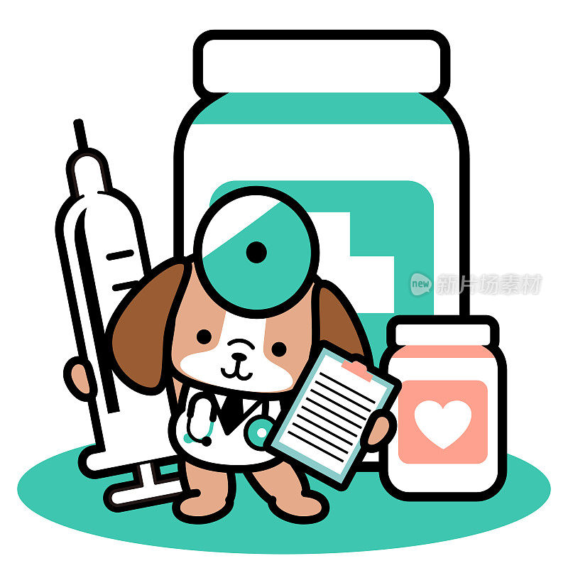 一个可爱的狗医生站在大药瓶前，拿着一个大注射器和医疗记录
