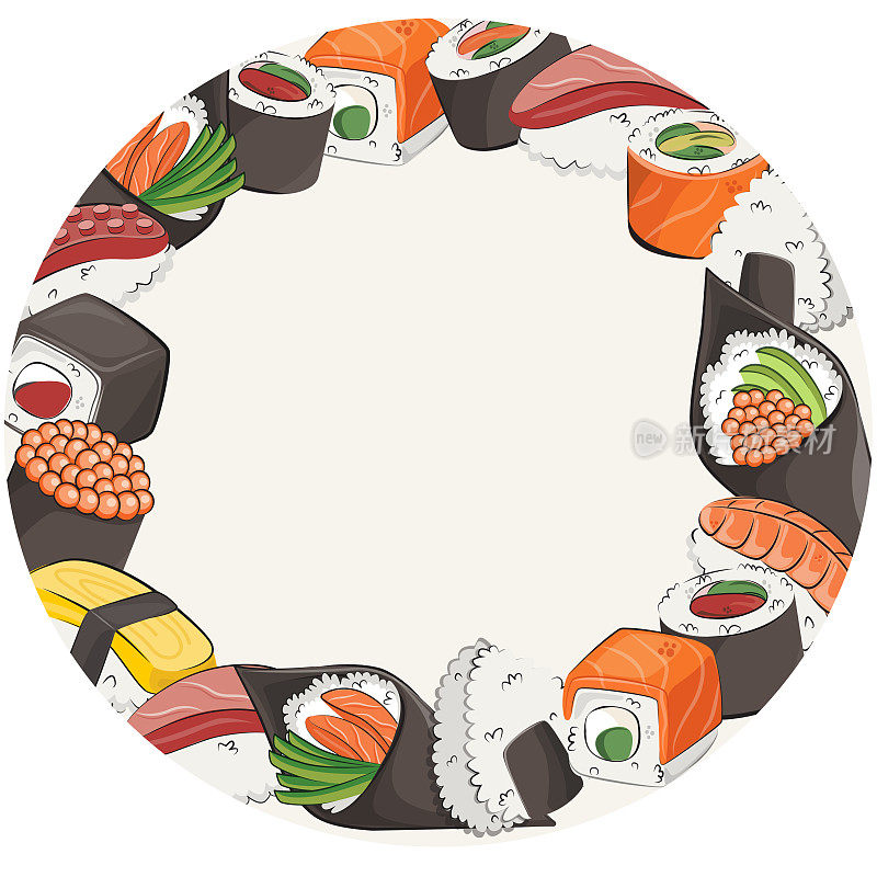 日本料理，套餐。用于餐厅菜单和海报。交付站点矢量平面插图孤立在白色框架背景。寿司卷饭团酱油套装。股票的照片。